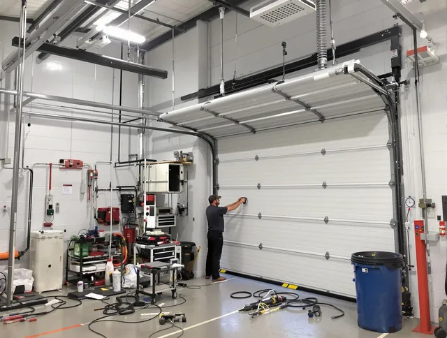 Darien Garage Door Repair certified technician performing commercial door repair at a Darien business facility