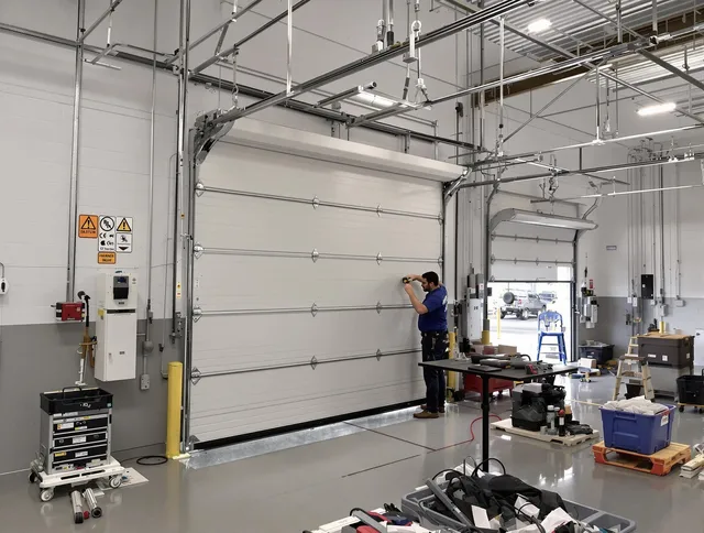 Commercial garage door repair being performed by Darien Garage Door Repair expert in Darien