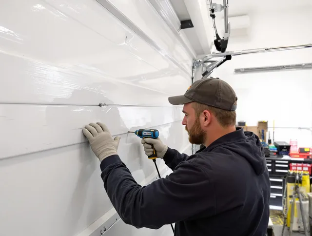 Darien Garage Door Repair technician demonstrating precision dent removal techniques on a Darien garage door