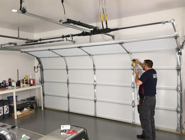 Darien Garage Door Repair certified technician performing overhead door system repair in Darien