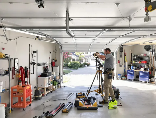 Darien Garage Door Repair specialist performing laser-guided track alignment in Darien